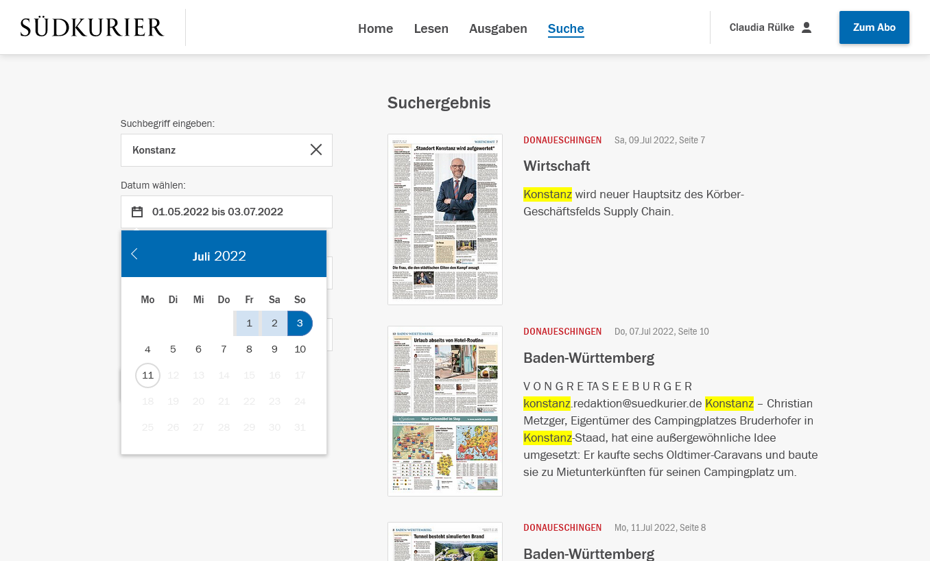 ePaper Suche mit Datepicker